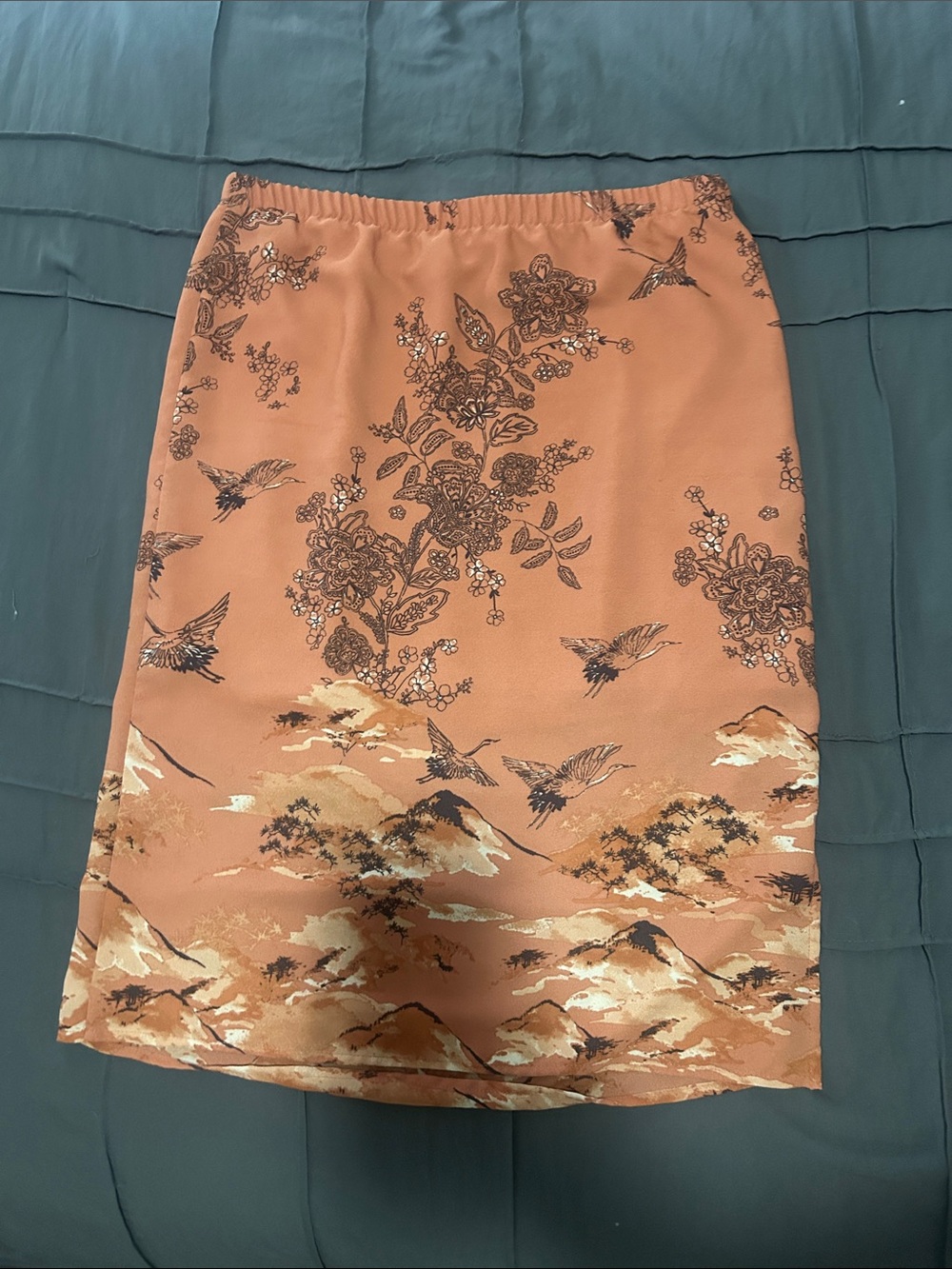 Pleione Rust Orange Floral & Bird Pencil Skirt